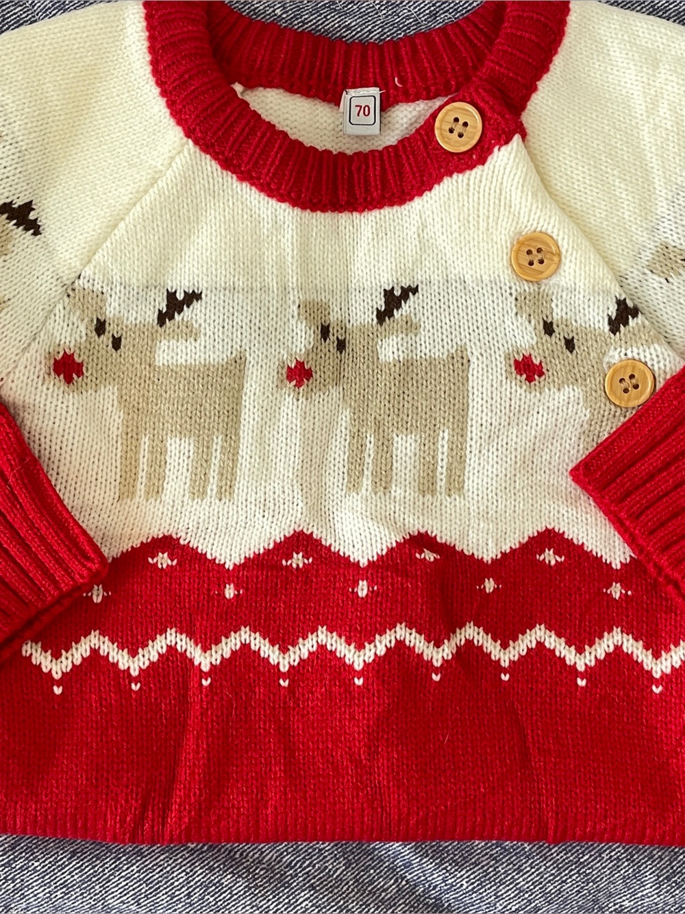 Baby Reindeer Knit Sweater with Red Trim
